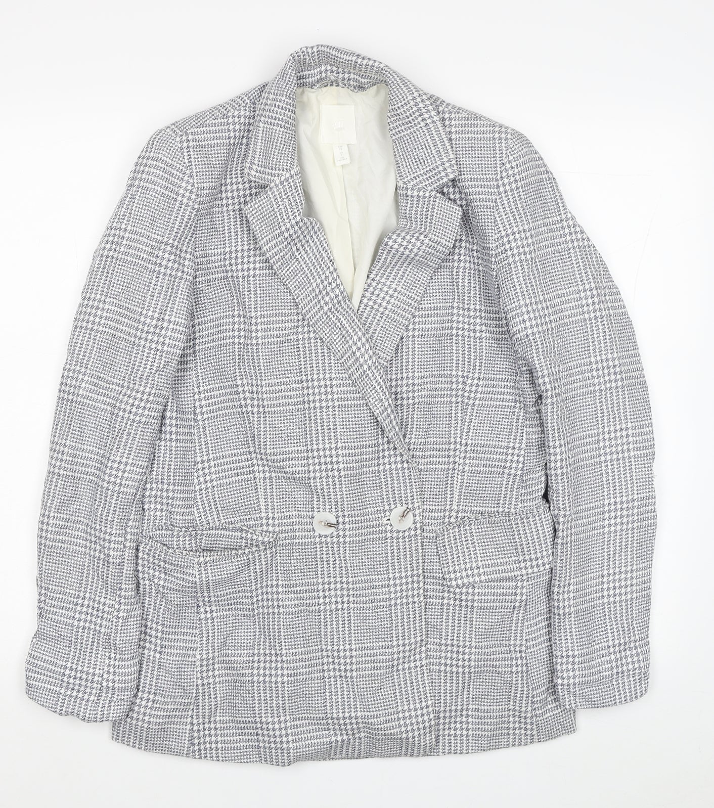 H&M Womens Grey Plaid Jacket Blazer Size 8 Button