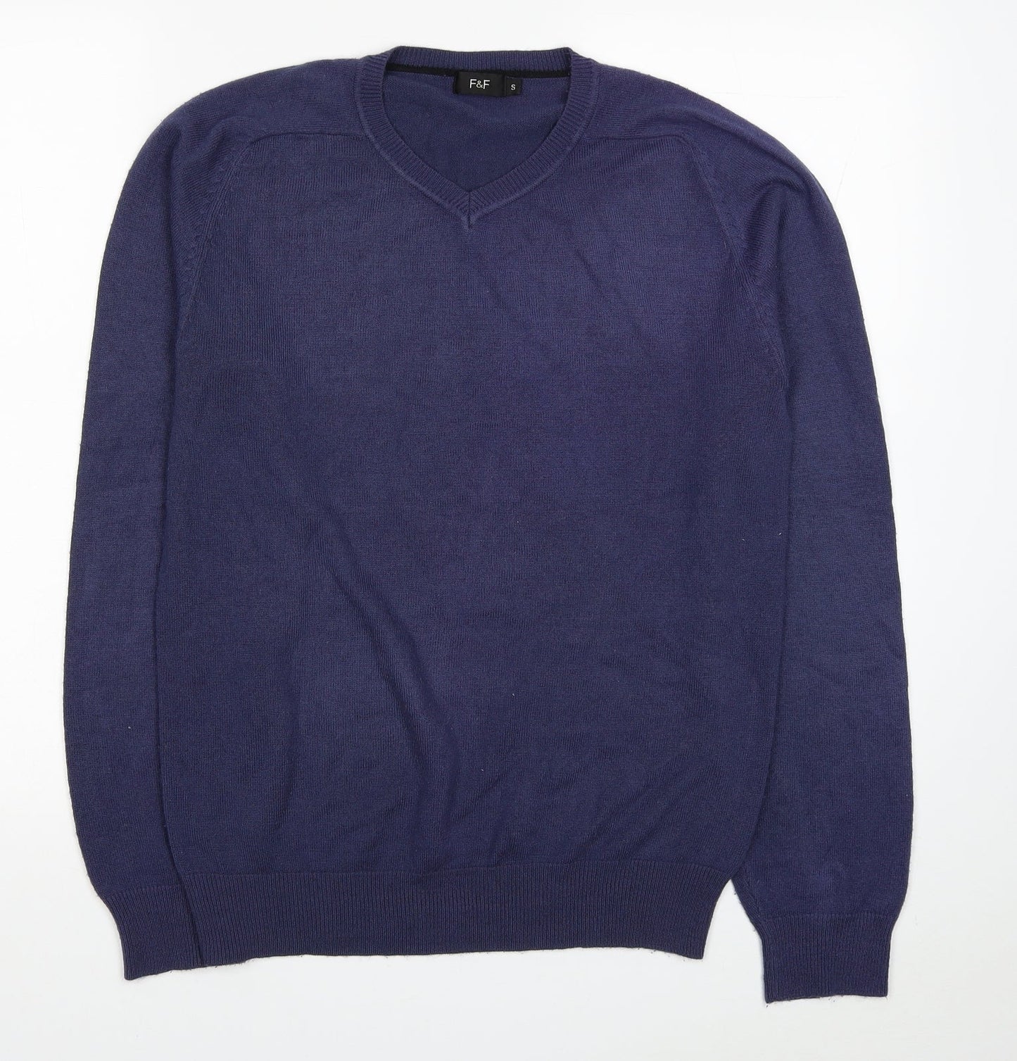 F&F Mens Blue V-Neck Acrylic Pullover Jumper Size S