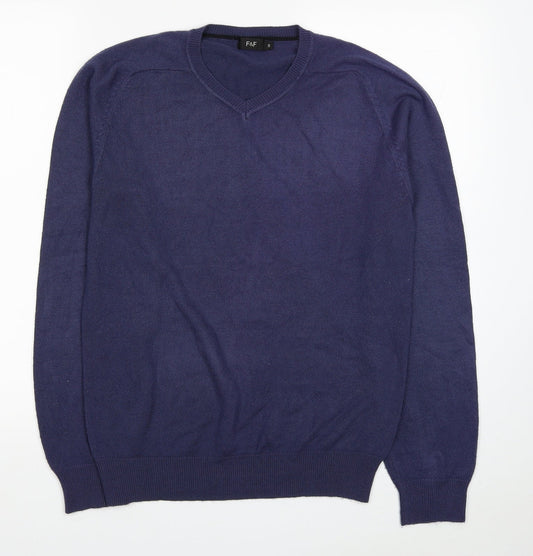 F&F Mens Blue V-Neck Acrylic Pullover Jumper Size S
