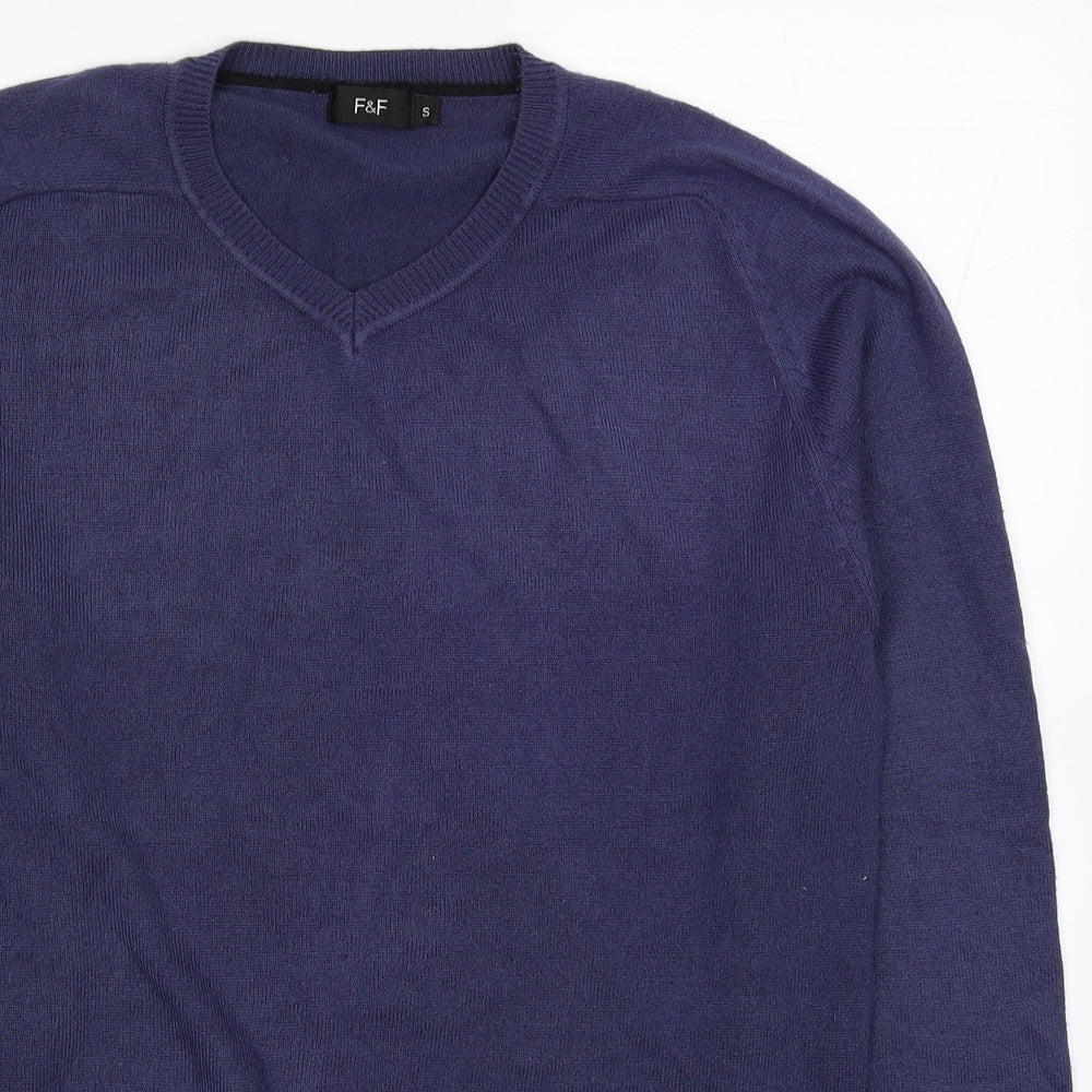 F&F Mens Blue V-Neck Acrylic Pullover Jumper Size S