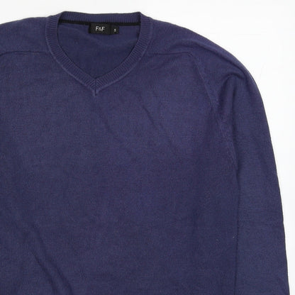 F&F Mens Blue V-Neck Acrylic Pullover Jumper Size S