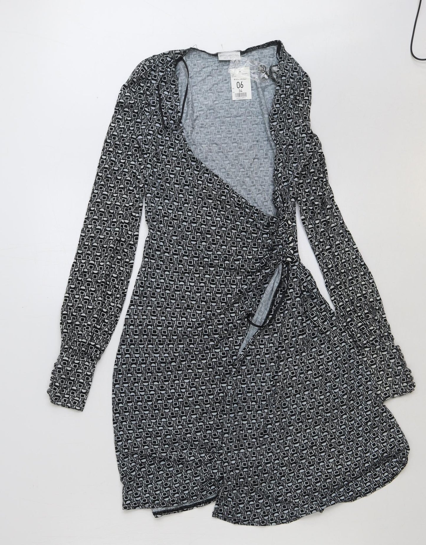 Miss Selfridge Womens Black Geometric Polyester Wrap Dress Size 6 V-Neck Tie