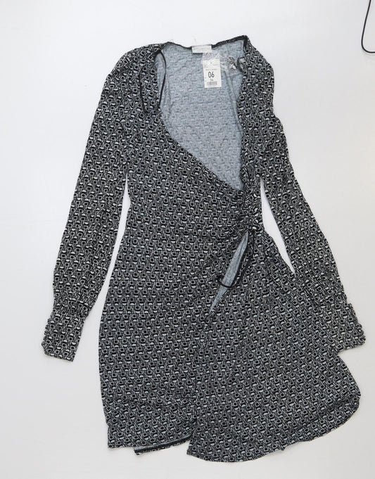 Miss Selfridge Womens Black Geometric Polyester Wrap Dress Size 6 V-Neck Tie