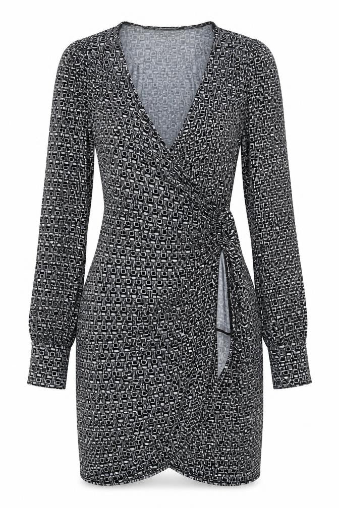 Miss Selfridge Womens Black Geometric Polyester Wrap Dress Size 6 V-Neck Tie