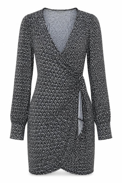 Miss Selfridge Womens Black Geometric Polyester Wrap Dress Size 6 V-Neck Tie
