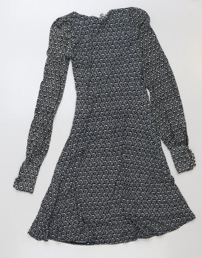 Miss Selfridge Womens Black Geometric Polyester Wrap Dress Size 6 V-Neck Tie