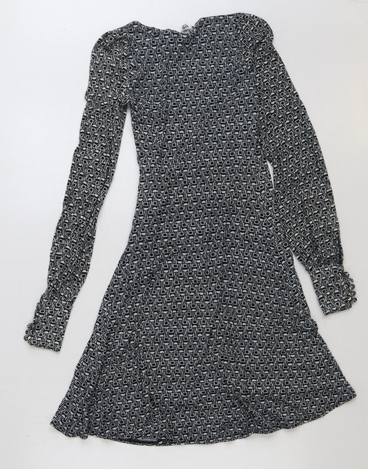 Miss Selfridge Womens Black Geometric Polyester Wrap Dress Size 6 V-Neck Tie