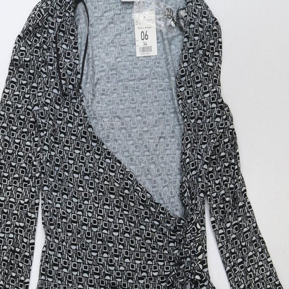 Miss Selfridge Womens Black Geometric Polyester Wrap Dress Size 6 V-Neck Tie