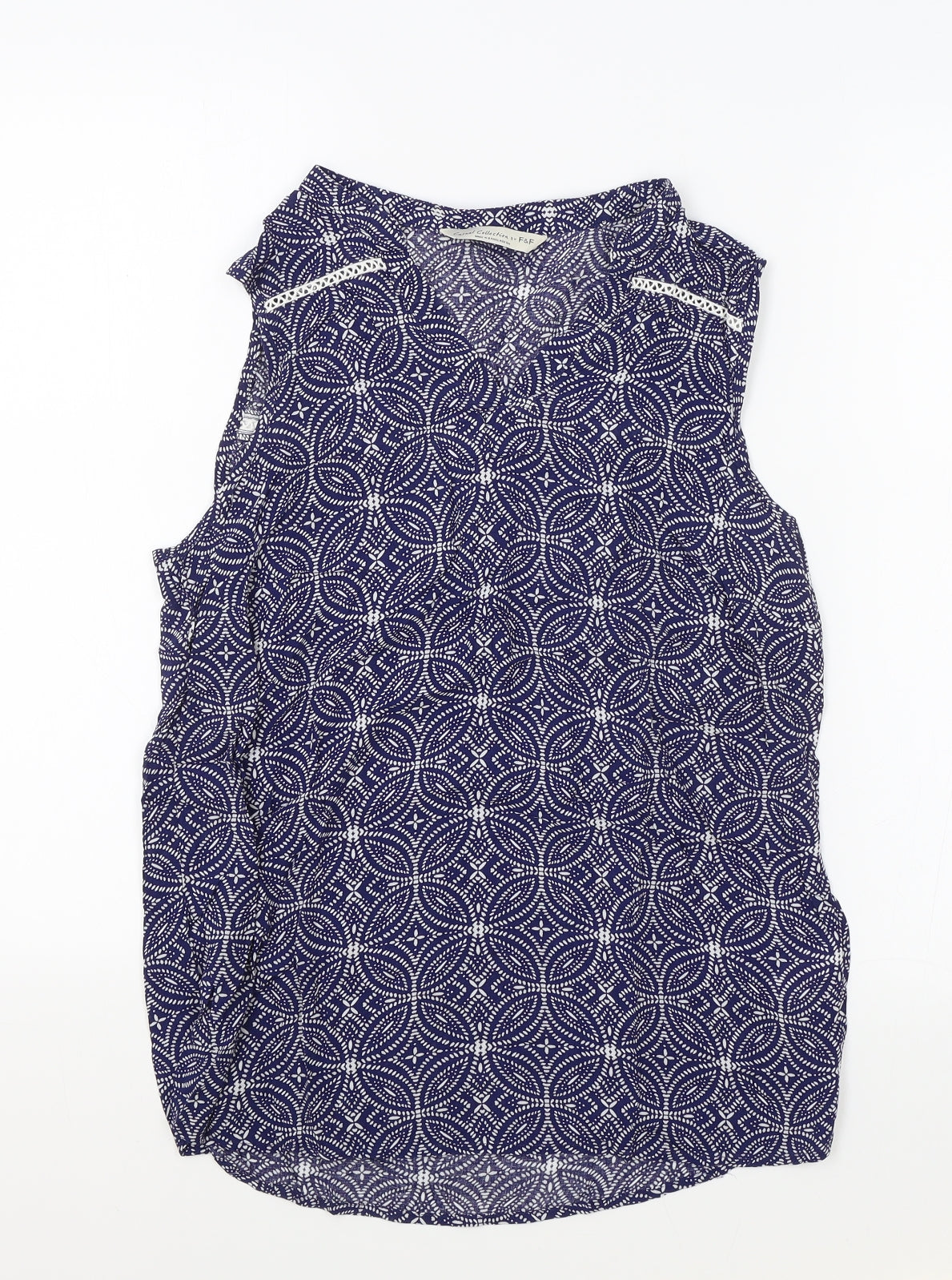 F&F Womens Blue Geometric Viscose Basic Tank Size 10 V-Neck - Lace Trim