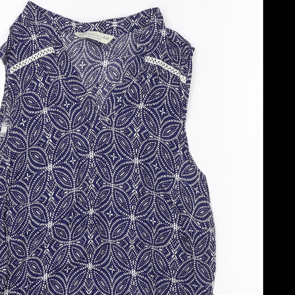 F&F Womens Blue Geometric Viscose Basic Tank Size 10 V-Neck - Lace Trim