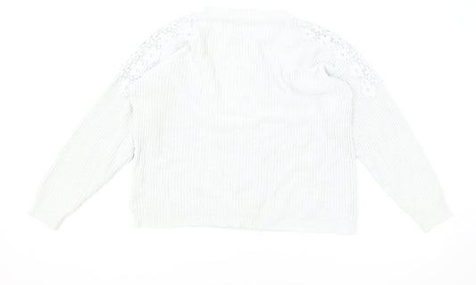 TU Womens Blue Round Neck Cotton Pullover Jumper Size 10 - Lace Detail
