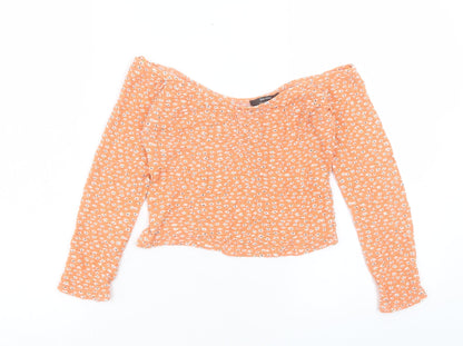 Bershka Womens Orange Floral Viscose Cropped T-Shirt Size L Scoop Neck