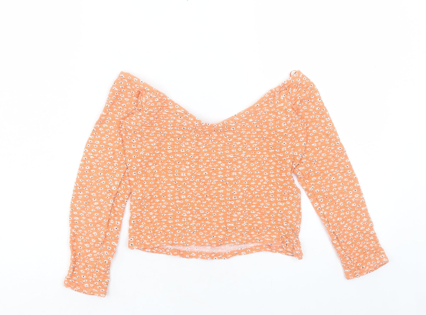 Bershka Womens Orange Floral Viscose Cropped T-Shirt Size L Scoop Neck