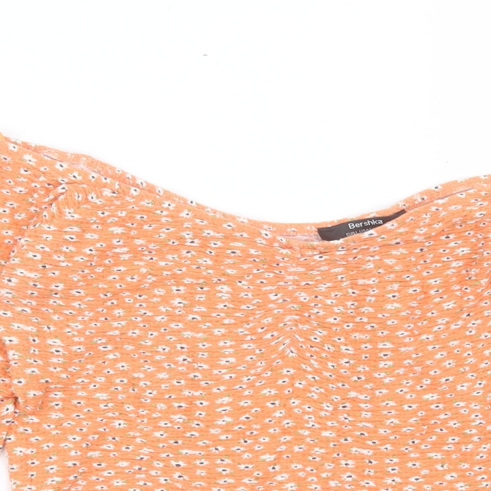 Bershka Womens Orange Floral Viscose Cropped T-Shirt Size L Scoop Neck