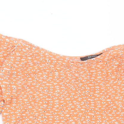 Bershka Womens Orange Floral Viscose Cropped T-Shirt Size L Scoop Neck