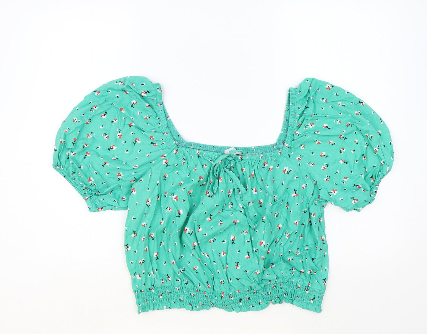 Papaya Womens Green Floral Polyester Cropped T-Shirt Size 16 Square Neck