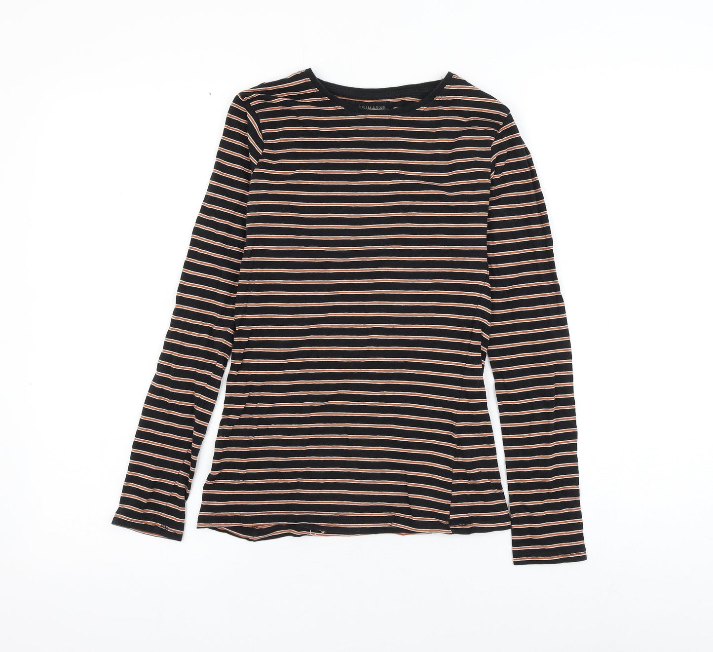 Primark Womens Black Striped Cotton Basic T-Shirt Size 4 Round Neck