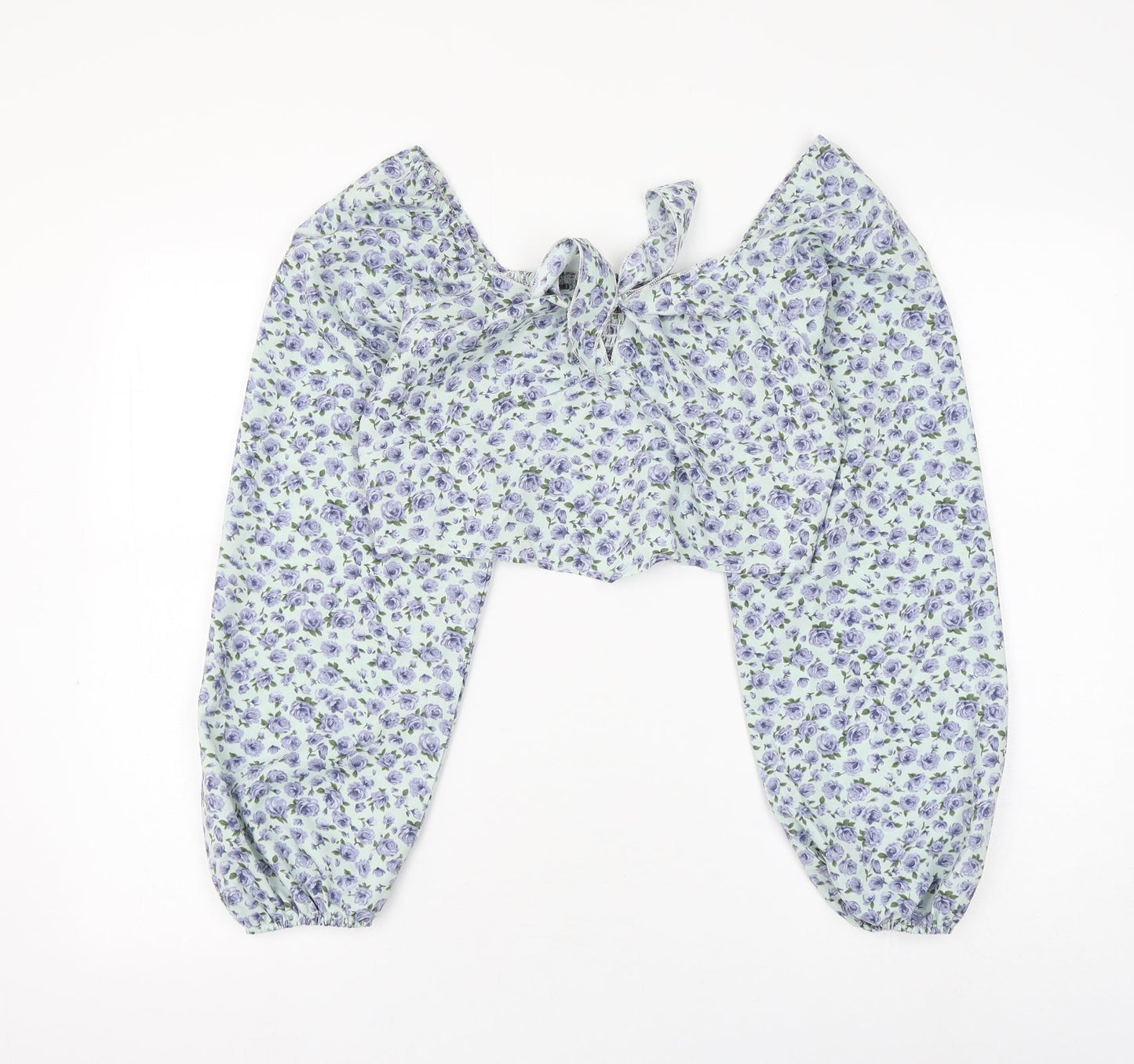 SheIn Womens Blue Fair Isle Polyester Cropped Blouse Size L V-Neck