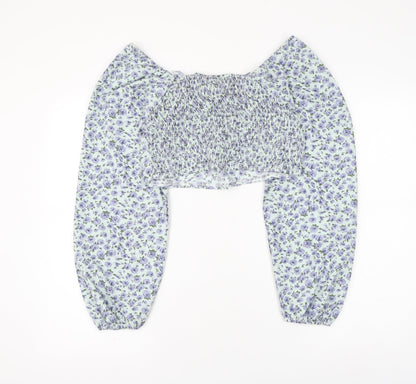 SheIn Womens Blue Fair Isle Polyester Cropped Blouse Size L V-Neck