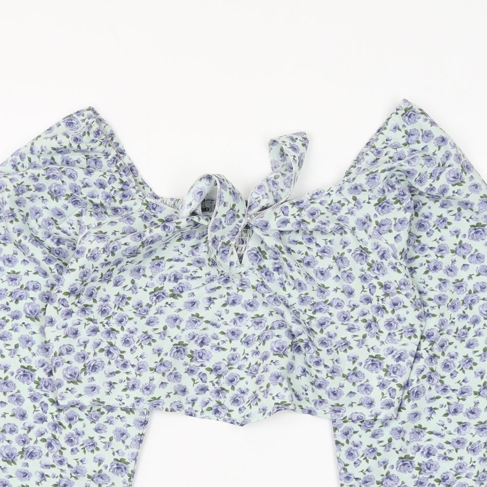 SheIn Womens Blue Fair Isle Polyester Cropped Blouse Size L V-Neck