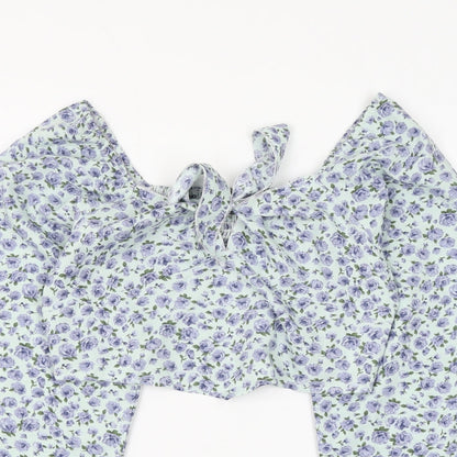 SheIn Womens Blue Fair Isle Polyester Cropped Blouse Size L V-Neck