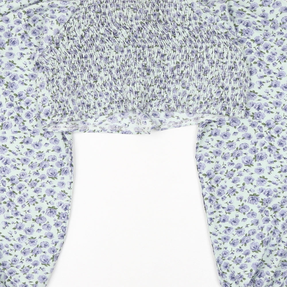 SheIn Womens Blue Fair Isle Polyester Cropped Blouse Size L V-Neck