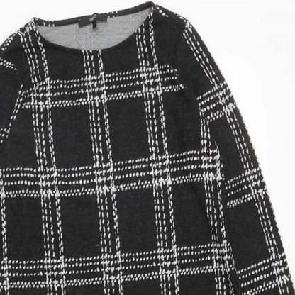 NEXT Womens Black Plaid Polyester A-Line Size 12 Boat Neck Pullover