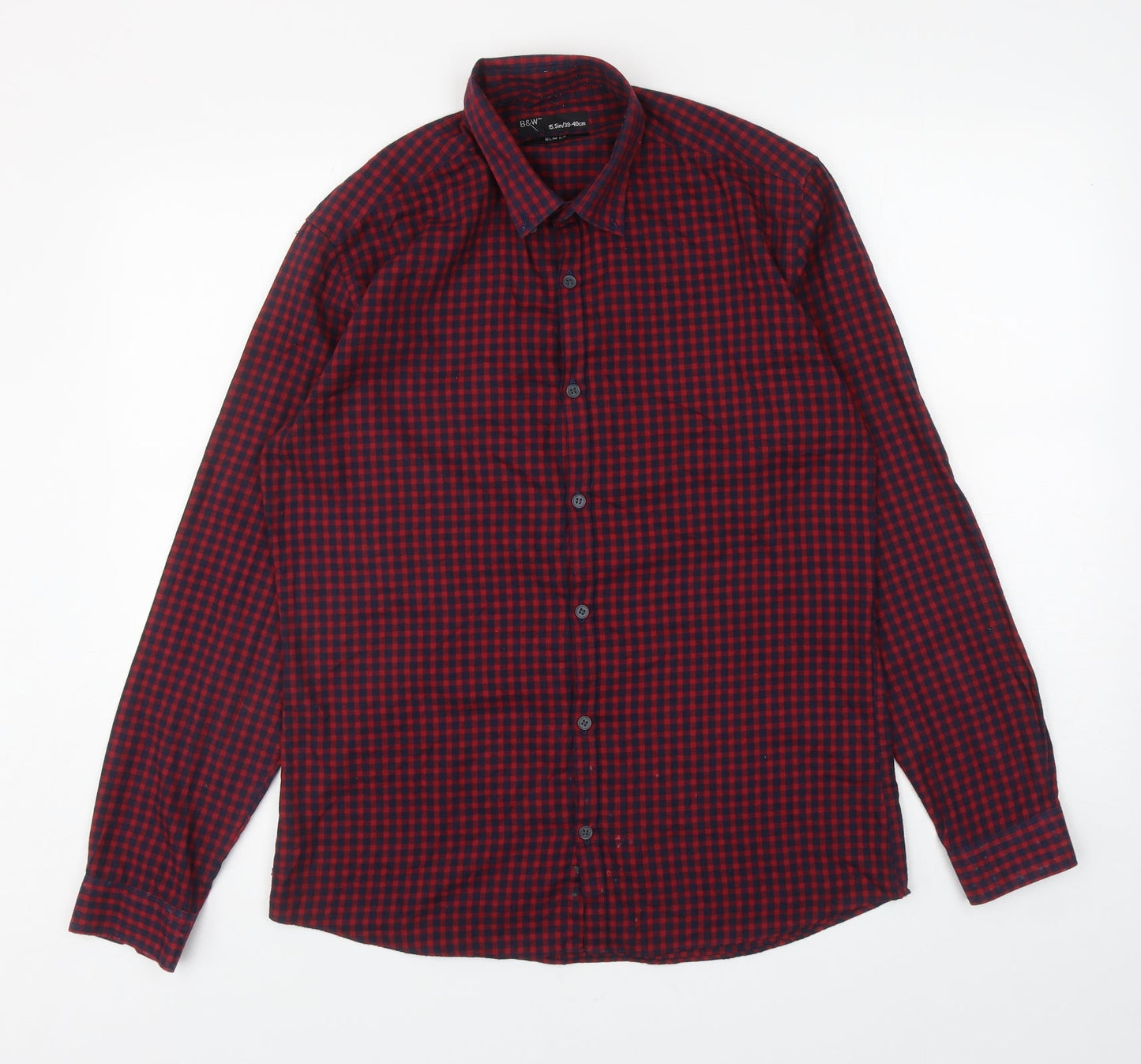 B&W Mens Red Check Cotton Button-Up Size 15.5 Collared Button