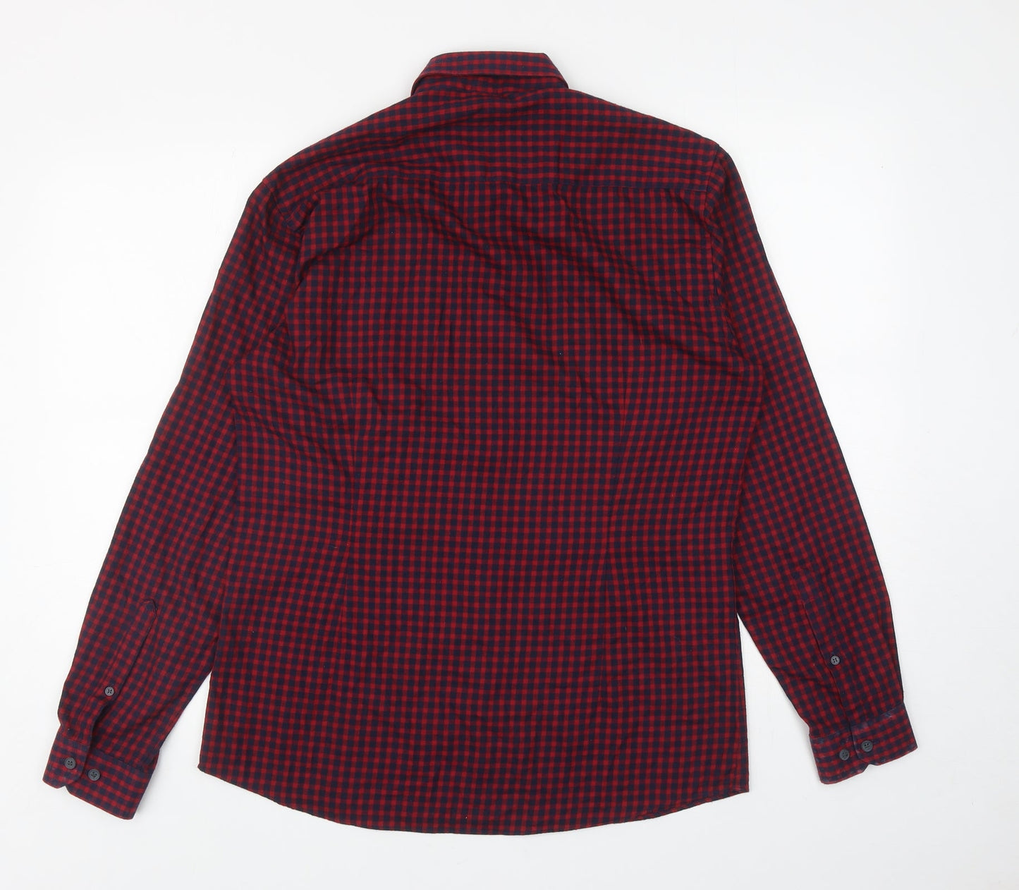 B&W Mens Red Check Cotton Button-Up Size 15.5 Collared Button