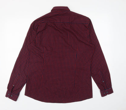 B&W Mens Red Check Cotton Button-Up Size 15.5 Collared Button