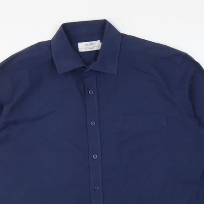 F&F Mens Blue Polyester Button-Up Size 42 Collared Button