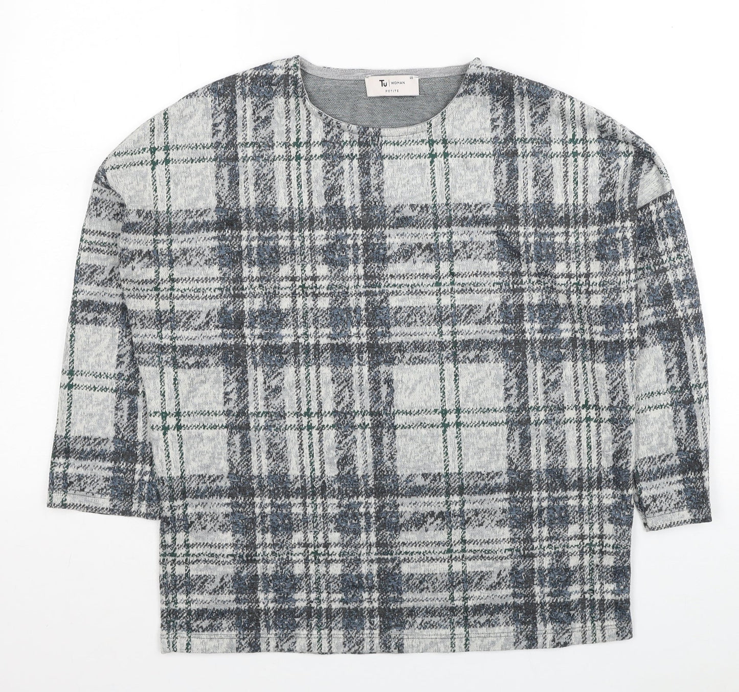 TU Womens Grey Plaid Polyester Basic Blouse Size 10 Round Neck