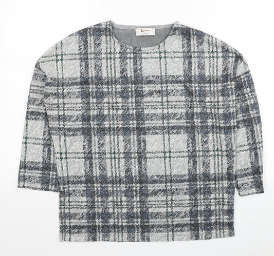 TU Womens Grey Plaid Polyester Basic Blouse Size 10 Round Neck