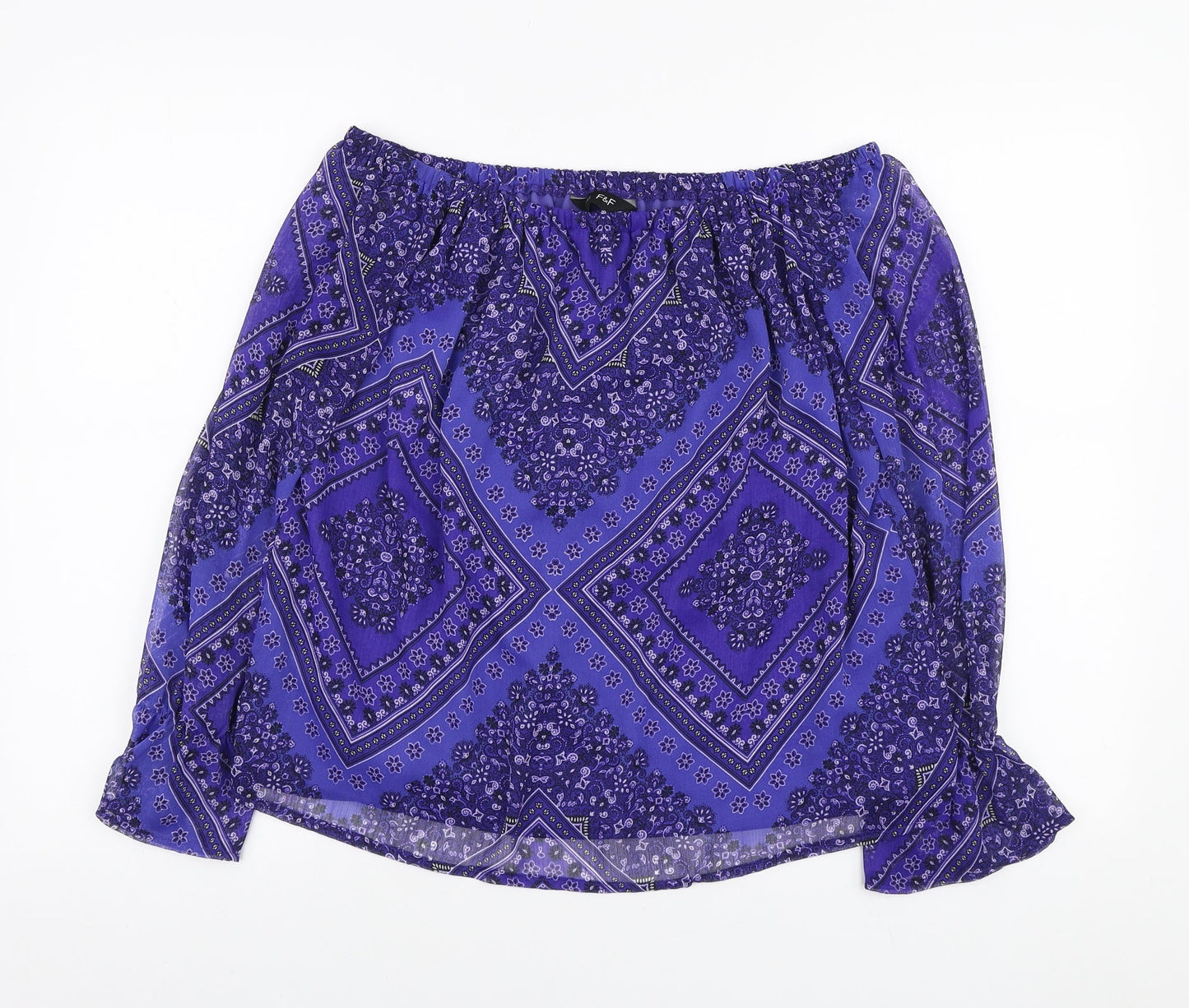 F&F Womens Purple Geometric Polyester Basic Blouse Size 12 Off the Shoulder