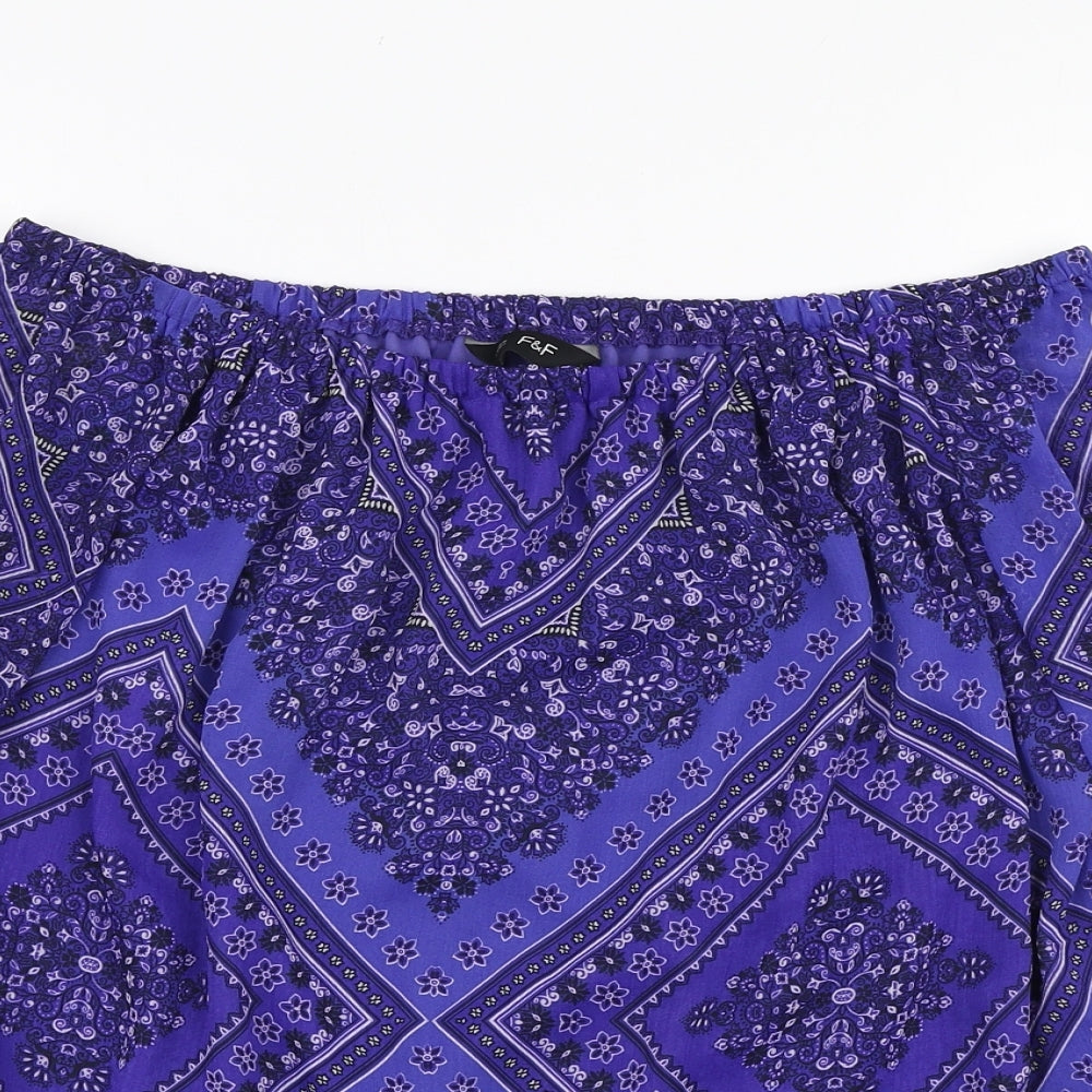F&F Womens Purple Geometric Polyester Basic Blouse Size 12 Off the Shoulder