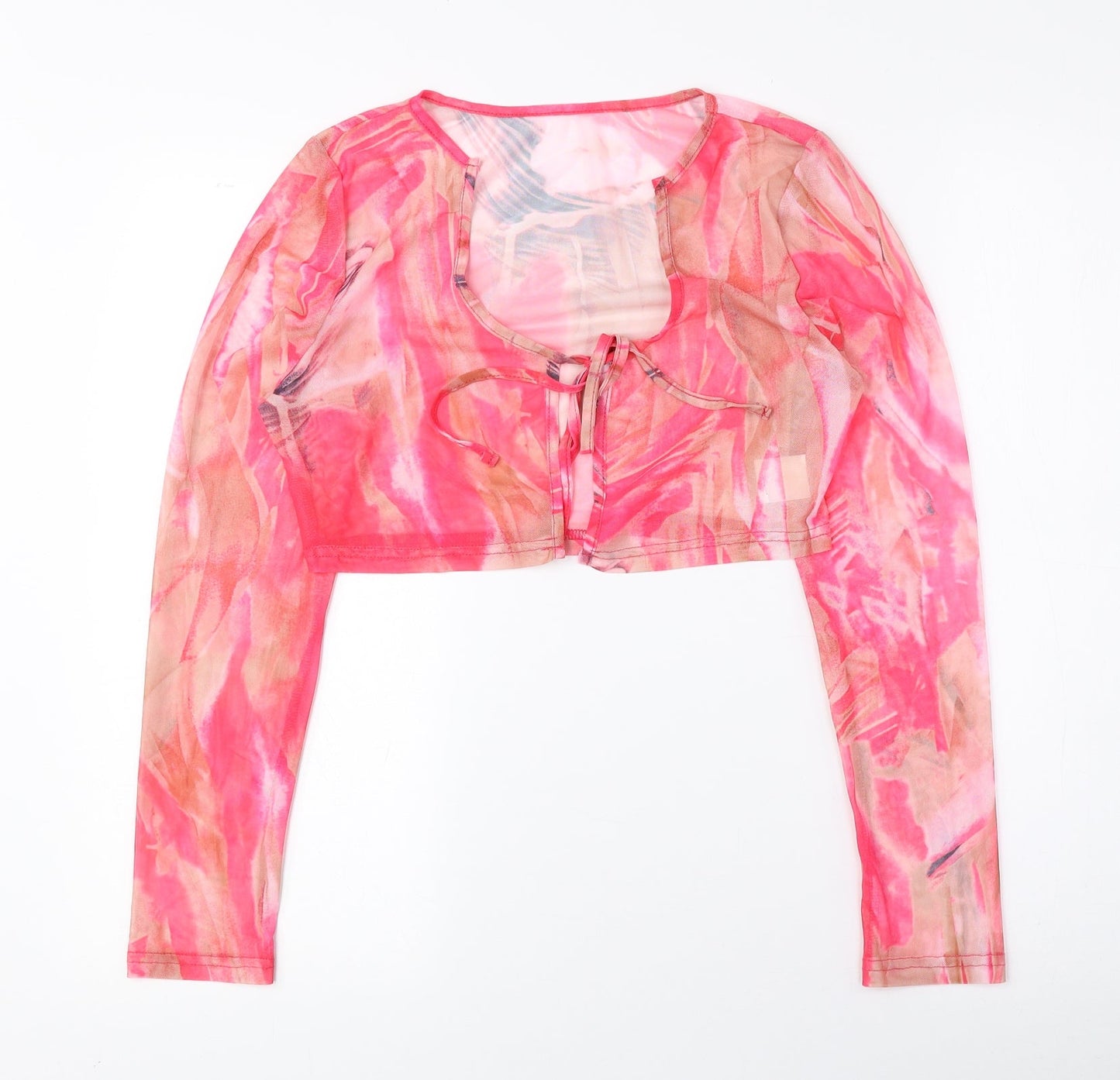 SheIn Womens Pink Scoop Neck Geometric Polyester Cardigan Jumper Size M - Cropped