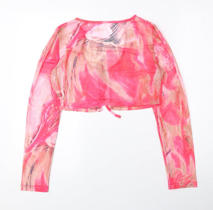 SheIn Womens Pink Scoop Neck Geometric Polyester Cardigan Jumper Size M - Cropped