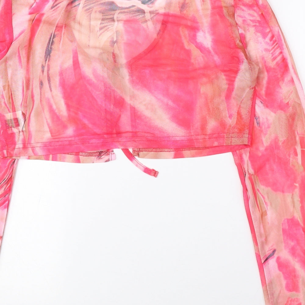 SheIn Womens Pink Scoop Neck Geometric Polyester Cardigan Jumper Size M - Cropped