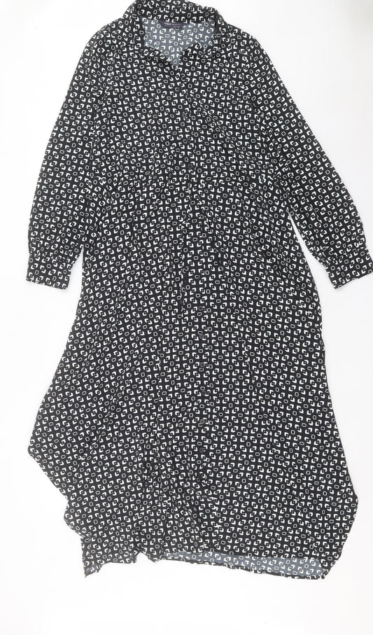 Marks and Spencer Womens Black Geometric Polyester A-Line Size 6 Collared Button