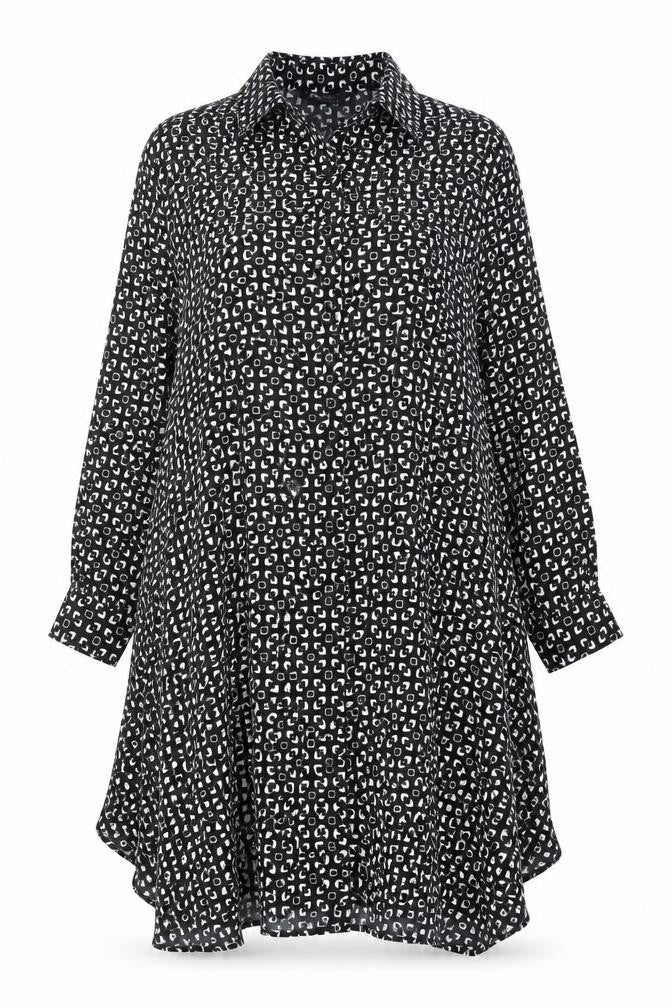 Marks and Spencer Womens Black Geometric Polyester A-Line Size 6 Collared Button