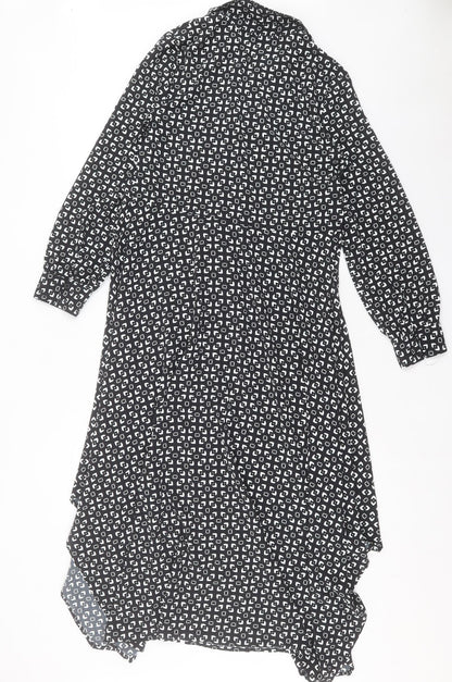Marks and Spencer Womens Black Geometric Polyester A-Line Size 6 Collared Button