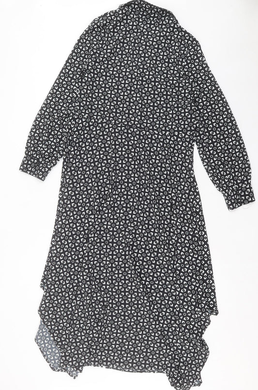 Marks and Spencer Womens Black Geometric Polyester A-Line Size 6 Collared Button