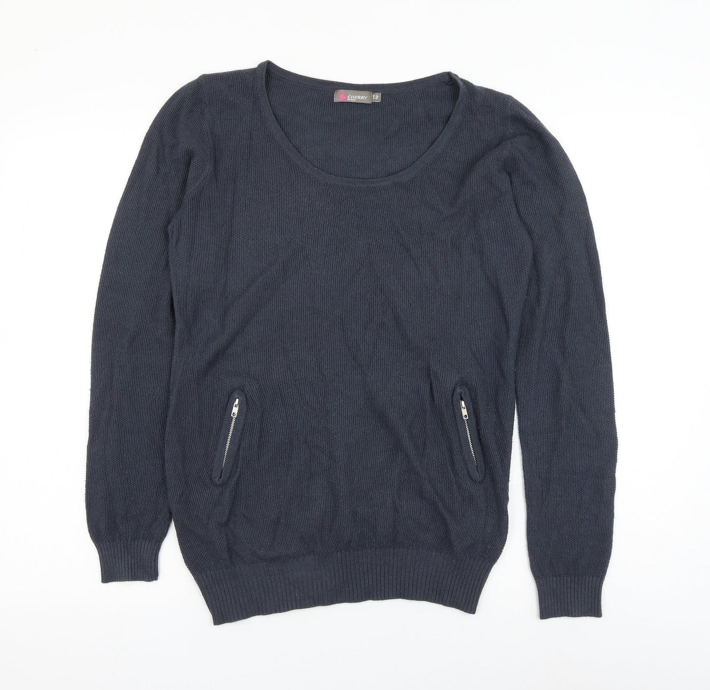 Cherry Womens Blue Scoop Neck Wool Pullover Jumper Size S