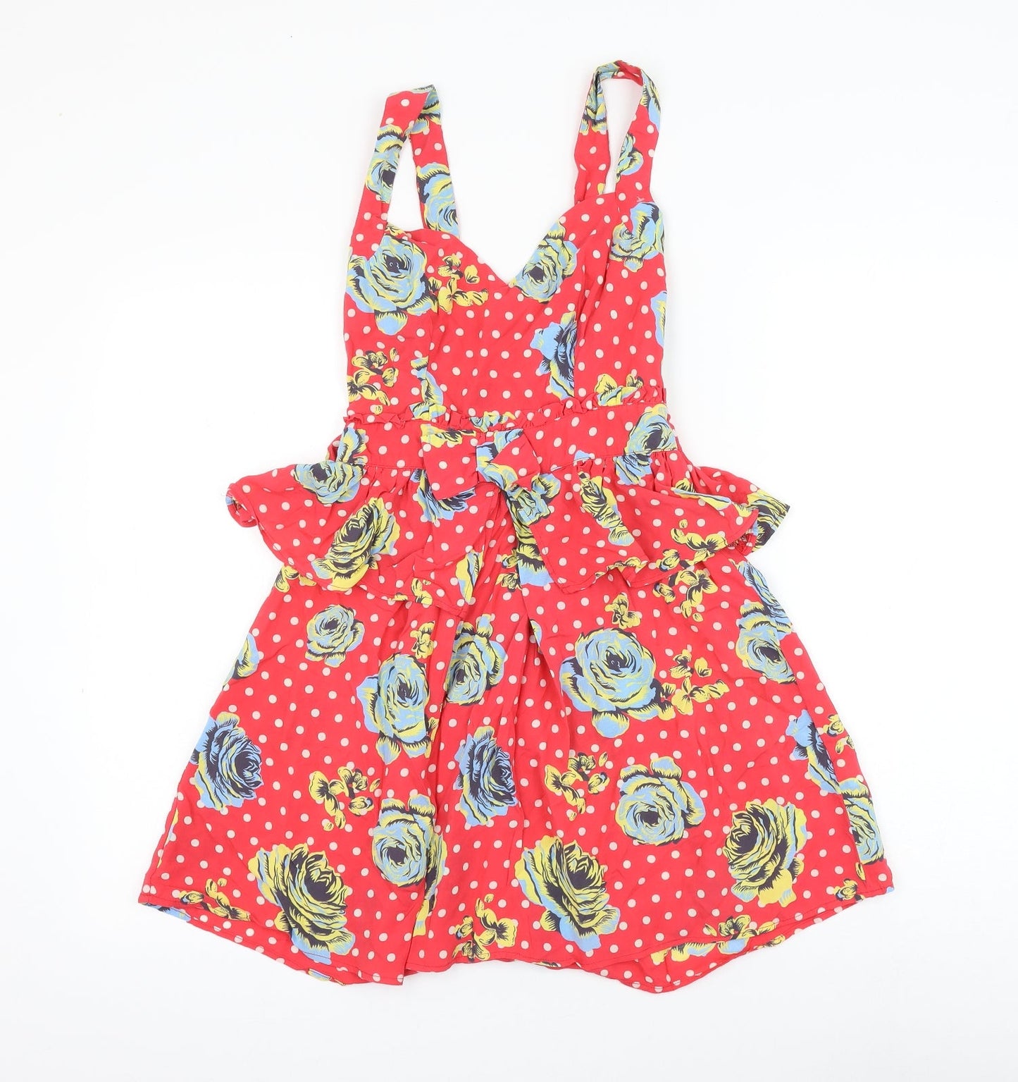 NEXT Womens Red Polka Dot Viscose Skater Dress Size 6 V-Neck Pullover - Floral