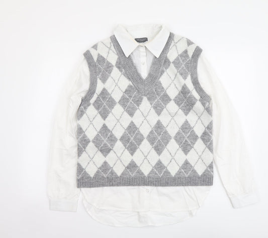 Primark Womens Grey Collared Argyle/Diamond Acrylic Pullover Jumper Size S