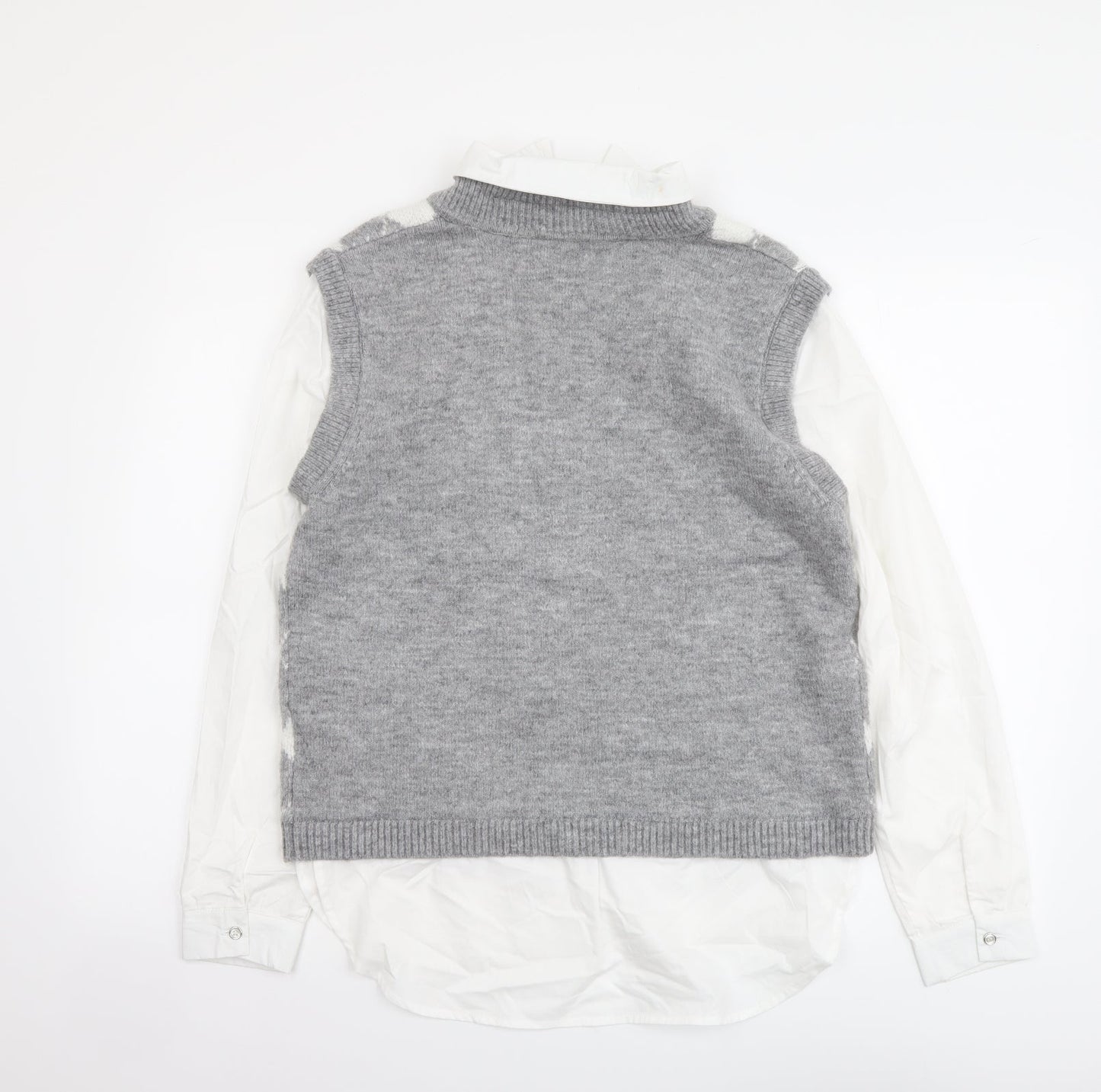 Primark Womens Grey Collared Argyle/Diamond Acrylic Pullover Jumper Size S