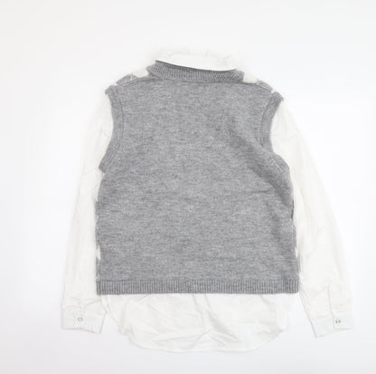 Primark Womens Grey Collared Argyle/Diamond Acrylic Pullover Jumper Size S