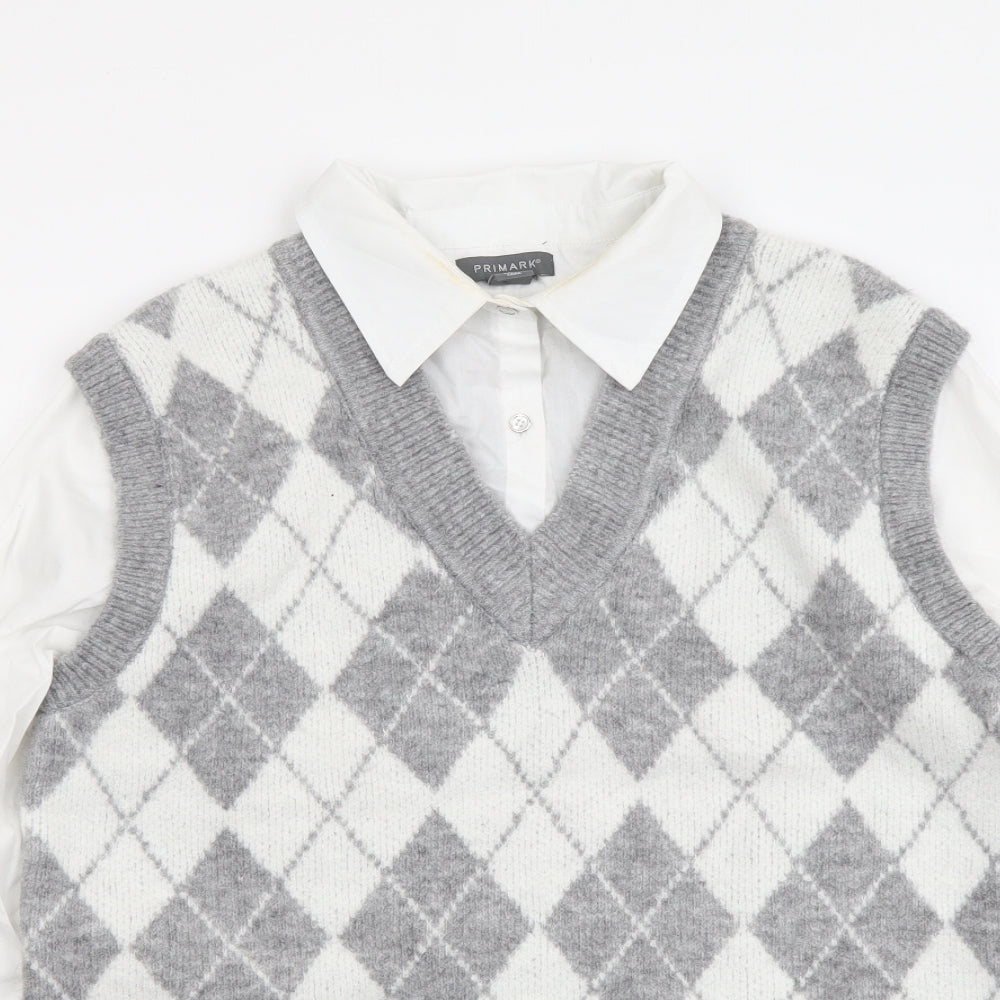 Primark Womens Grey Collared Argyle/Diamond Acrylic Pullover Jumper Size S