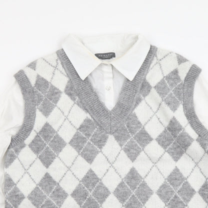 Primark Womens Grey Collared Argyle/Diamond Acrylic Pullover Jumper Size S