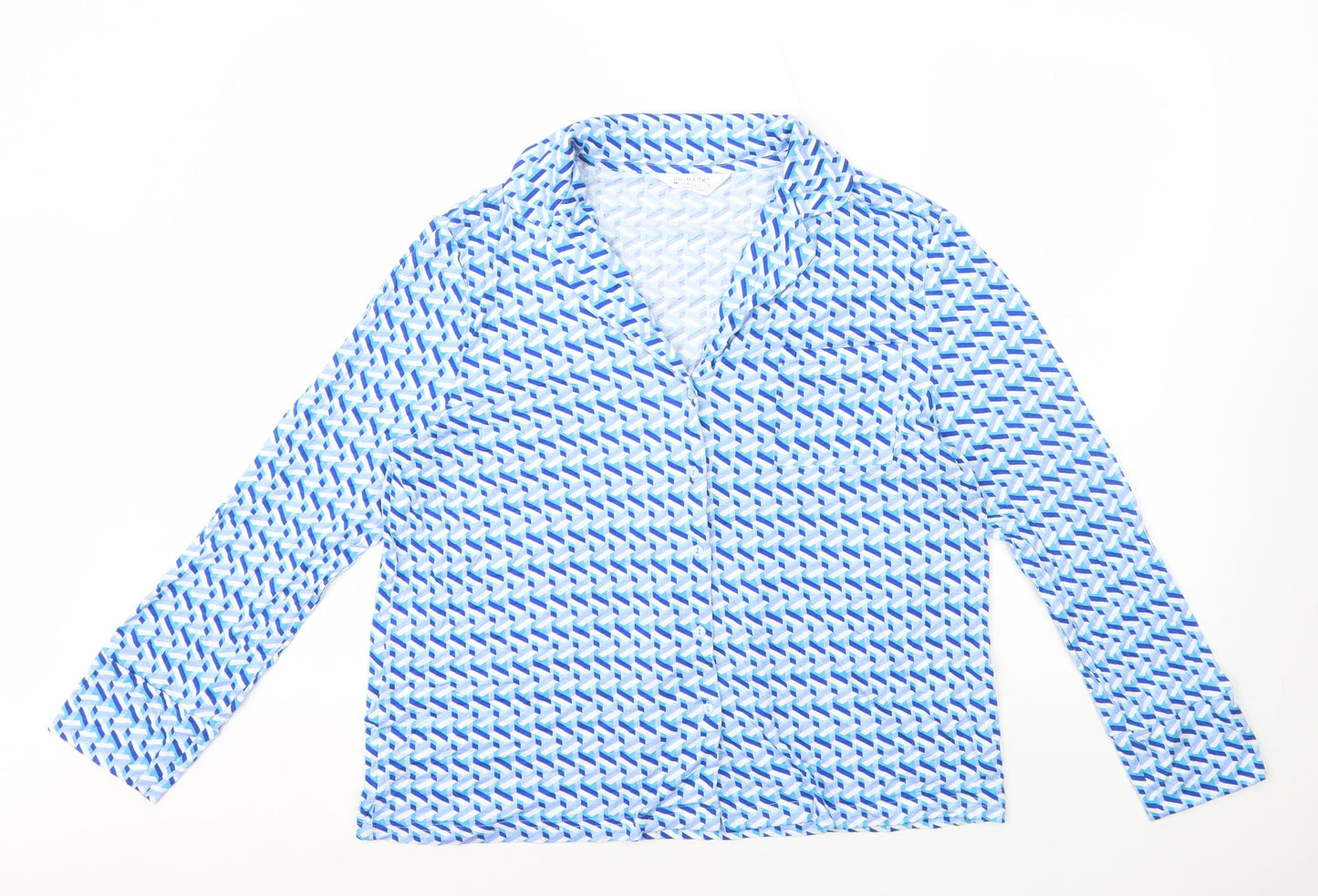 Primark Womens Blue Geometric Viscose Basic Button-Up Size M V-Neck